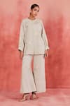 Buy_Sue Mue_Beige Pure Linen Embroidery Dori Round Dani Shirt And Pant Set _at_Aza_Fashions