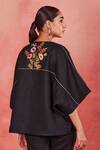 Sue Mue_Black Pure Linen Embroidery Thread V Neck Reem Top And Pant Set _Online_at_Aza_Fashions