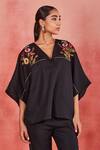 Buy_Sue Mue_Black Pure Linen Embroidery Thread V Neck Reem Top And Pant Set _Online_at_Aza_Fashions