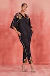 Sue Mue_Black Pure Linen Embroidery Thread V Neck Reem Top And Pant Set _at_Aza_Fashions