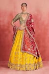 Buy_Sue Mue_Yellow Pure Silk Embroidered Aari V Neck Aaliyah Floral Jaal Lehenga Set _at_Aza_Fashions