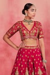 Shop_Sue Mue_Pink Rawsilk Embroidered Floral V Neck Yasmin Zari Lehenga Blouse _Online_at_Aza_Fashions