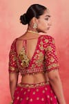 Sue Mue_Pink Rawsilk Embroidered Floral V Neck Yasmin Zari Lehenga Blouse _at_Aza_Fashions