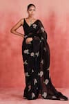 Buy_Sue Mue_Black Pure Silk Organza Embroidered Patti Adiva Floral Saree With Blouse _at_Aza_Fashions