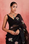 Sue Mue_Black Pure Silk Organza Embroidered Patti Adiva Floral Saree With Blouse _Online_at_Aza_Fashions