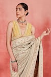 Sue Mue_Beige Rawsilk Embroidered Thread Plunge V Maheen Saree With Blouse _at_Aza_Fashions