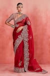 Buy_Sue Mue_Red Pure Silk Organza Embroidered Floral Jaal V Neck Hadiya Saree With Blouse _at_Aza_Fashions