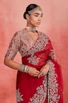 Sue Mue_Red Pure Silk Organza Embroidered Floral Jaal V Neck Hadiya Saree With Blouse _Online_at_Aza_Fashions