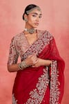 Buy_Sue Mue_Red Pure Silk Organza Embroidered Floral Jaal V Neck Hadiya Saree With Blouse _Online_at_Aza_Fashions