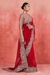 Sue Mue_Red Pure Silk Organza Embroidered Floral Jaal V Neck Hadiya Saree With Blouse _at_Aza_Fashions