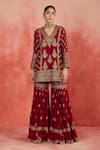 Buy_Sue Mue_Maroon Pure Silk Embroidered Dori V Neck Shahida Floral Kurta Gharara Set 