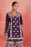 Buy_Sue Mue_Purple Rawsilk Embroidered Zari V Neck Atika Kurta Gharara Set _Online_at_Aza_Fashions