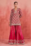 Buy_Sue Mue_Pink Rawsilk Embroidered Pitta Notched Aneesa Floral Kurta Sharara Set 