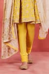 Buy_Sue Mue_Yellow Pure Silk Embroidered Floral Jaal Boat Bushra Short Anarkali Set 