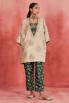 Buy_Sue Mue_Beige Rawsilk Embroidered Zari Kaftan Plunge V Neck Khalida Pant Set _at_Aza_Fashions