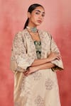 Sue Mue_Beige Rawsilk Embroidered Zari Kaftan Plunge V Neck Khalida Pant Set _Online_at_Aza_Fashions