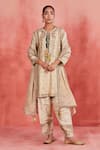 Buy_Sue Mue_Beige Rawsilk Embroidered Thread Keyhole Noushin Zari Floral Kurta Salwar Set _at_Aza_Fashions