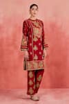 Shop_Sue Mue_Red Rawsilk Embroidered Zari Round Najiya Floral Applique Kurta Set 