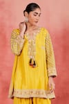 Sue Mue_Yellow Pure Silk Embroidered Dori Notched Rashida Threadwork Kurta Set _Online_at_Aza_Fashions