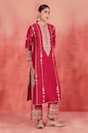 Shop_Sue Mue_Red Handwoven Silk Chanderi Embroidered Aari Notched Tahira Kurta Set 