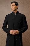 Tarun Tahiliani_Black Japanese Crepe Embellished Diamond Asymmetric Dual Panelled Sherwani Set _Online_at_Aza_Fashions