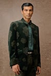 Buy_Tarun Tahiliani_Green Cotton Velvet Embellished Diamond Open Floral Pattern Bandhgala Set _Online_at_Aza_Fashions