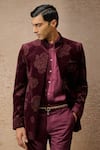 Buy_Tarun Tahiliani_Wine Cotton Velvet Embellished Diamond Floral Pattern Open Bandhgala Set _Online_at_Aza_Fashions