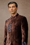 Tarun Tahiliani_Brown Silk Velvet Embroidered Floral Thread Bandhgala Set _Online_at_Aza_Fashions