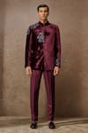 Buy_Tarun Tahiliani_Wine Silk Velvet Embroidered Floral Thread Bandhgala Trouser Set _at_Aza_Fashions