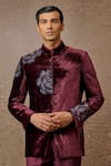 Tarun Tahiliani_Wine Silk Velvet Embroidered Floral Thread Bandhgala Trouser Set _Online_at_Aza_Fashions