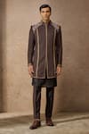 Buy_Tarun Tahiliani_Brown Wool Crepe Embroidered Thread Floral Sherwani Set _at_Aza_Fashions