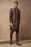 Buy_Tarun Tahiliani_Brown Wool Crepe Embroidered Thread Floral Sherwani Set _Online_at_Aza_Fashions