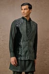 Buy_Tarun Tahiliani_Green Silk Velvet Embroidered Thread Floral Waistcoat Set _Online_at_Aza_Fashions