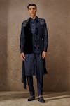 Buy_Tarun Tahiliani_Blue Silk Velvet Embroidered Thread Floral Work Waistcoat Kurta Set _at_Aza_Fashions