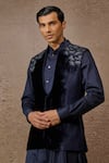 Buy_Tarun Tahiliani_Blue Silk Velvet Embroidered Thread Floral Work Waistcoat Kurta Set _Online_at_Aza_Fashions