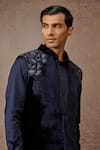 Shop_Tarun Tahiliani_Blue Silk Velvet Embroidered Thread Floral Work Waistcoat Kurta Set _Online_at_Aza_Fashions