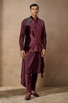 Buy_Tarun Tahiliani_Wine Silk Velvet Embroidered Thread Floral Waistcoat Kurta Set _at_Aza_Fashions