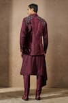 Shop_Tarun Tahiliani_Wine Silk Velvet Embroidered Thread Floral Waistcoat Kurta Set _at_Aza_Fashions