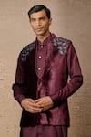 Buy_Tarun Tahiliani_Wine Silk Velvet Embroidered Thread Floral Waistcoat Kurta Set _Online_at_Aza_Fashions