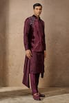 Shop_Tarun Tahiliani_Wine Silk Velvet Embroidered Thread Floral Waistcoat Kurta Set _Online_at_Aza_Fashions