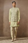 Buy_Tarun Tahiliani_Green Silk Dupion Embroidered Thread Floral Pattern Waistcoat Kurta Set _at_Aza_Fashions