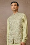 Buy_Tarun Tahiliani_Green Silk Dupion Embroidered Thread Floral Pattern Waistcoat Kurta Set _Online_at_Aza_Fashions