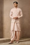 Buy_Tarun Tahiliani_Pink Silk Dupion Embroidered Thread Floral Waistcoat Kurta Set _at_Aza_Fashions