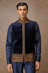 Tarun Tahiliani_Blue Cotton Velvet Embroidered Marori Waistcoat _Online_at_Aza_Fashions