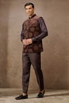 Buy_Tarun Tahiliani_Brown Cotton Velvet Embellished Pixeled Floral Pattern Waistcoat And Trouser Set _at_Aza_Fashions