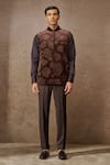 Tarun Tahiliani_Brown Cotton Velvet Embellished Pixeled Floral Pattern Waistcoat And Trouser Set _Online_at_Aza_Fashions