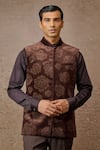 Shop_Tarun Tahiliani_Brown Cotton Velvet Embellished Pixeled Floral Pattern Waistcoat And Trouser Set _Online_at_Aza_Fashions