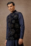 Shop_Tarun Tahiliani_Blue Cotton Velvet Embellished Pixeled Floral Pattern Waistcoat Set _Online_at_Aza_Fashions