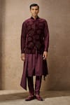 Buy_Tarun Tahiliani_Wine Cotton Velvet Embellished Pixeled Floral Metallic Stud Waistcoat Set _at_Aza_Fashions