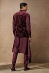 Shop_Tarun Tahiliani_Wine Cotton Velvet Embellished Pixeled Floral Metallic Stud Waistcoat Set _at_Aza_Fashions